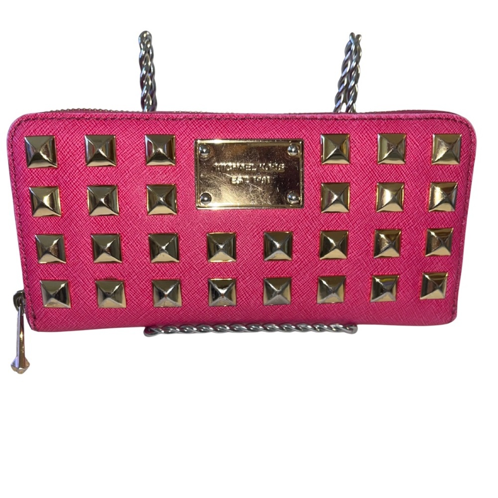 Michael Kors Fuchsia Pink Pyramid Studded Continental Zip Wallet